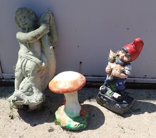 Concrete Cherub Fountain , Mushroom , & Gnome