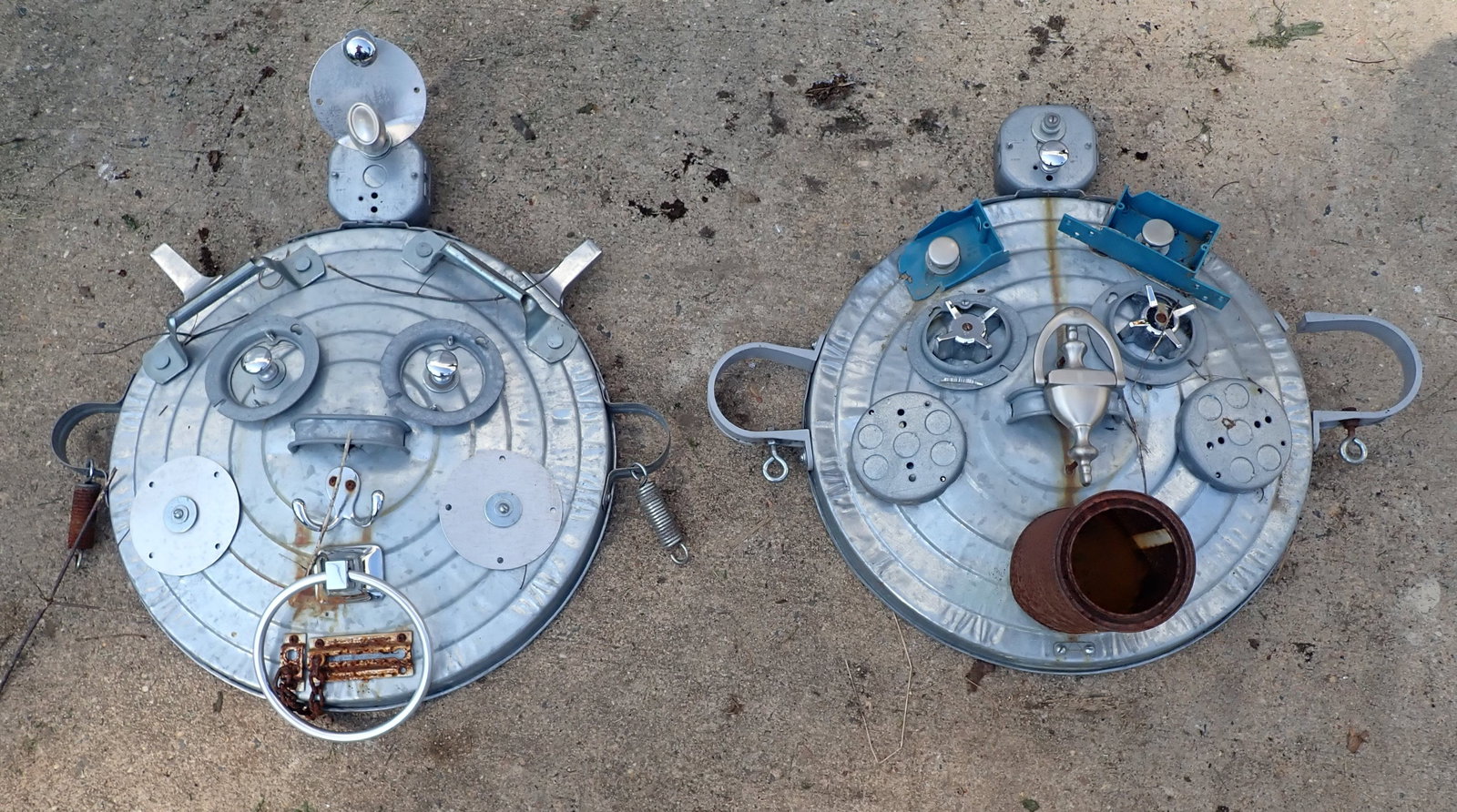 Outsider Art Trash Can Lid Sculptures: Apprx 17" in diameter. No in house shipping !