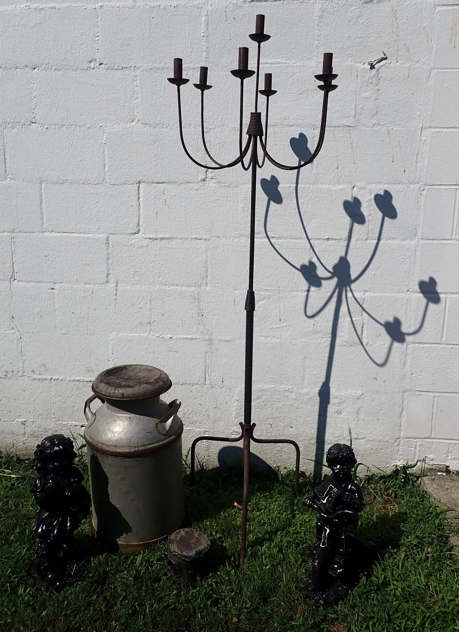 Iron Floor Candelabra Milk Can & Misc: Tallest is approx 68 1/2" tall. Milk Can is from Queen Dairy Lancaster Pa. Must take all ! No in house shipping !