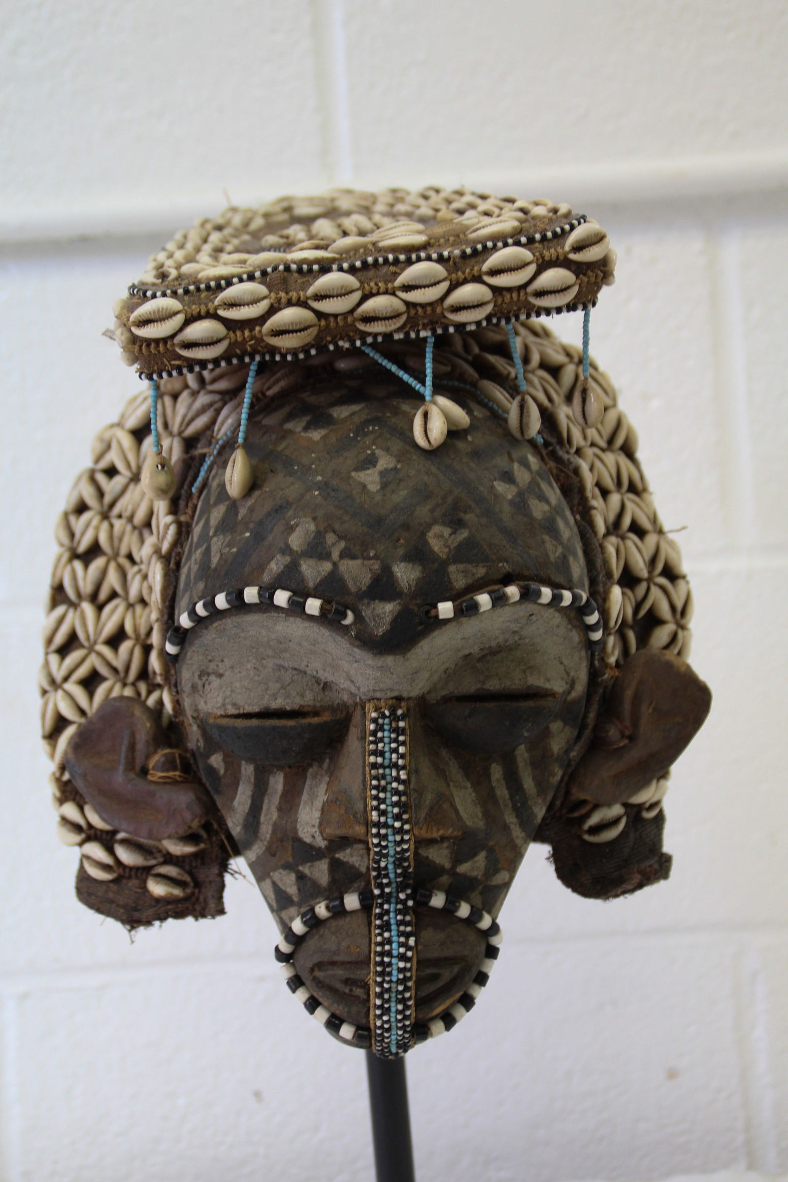 African Kuba Beaded  Hooded Mask w/ Shells (1 of 7)
