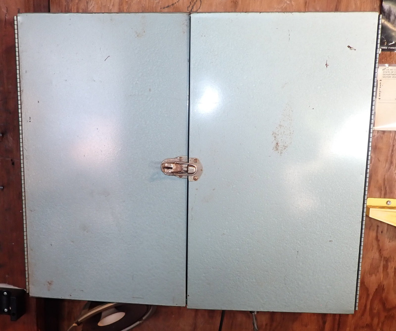 Arthur Lapine Shop Cabinet & Contents: Approx 7 3/8" x 20 3/8" x 17" tall. No in house shipping ! Bring screwdriver to remove from wall.