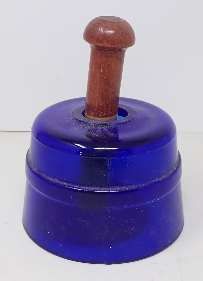 Cobalt Blue Glass Cow Butter Stamp: Approx 4 5/8" in diameter and 6" tall. Shipping available