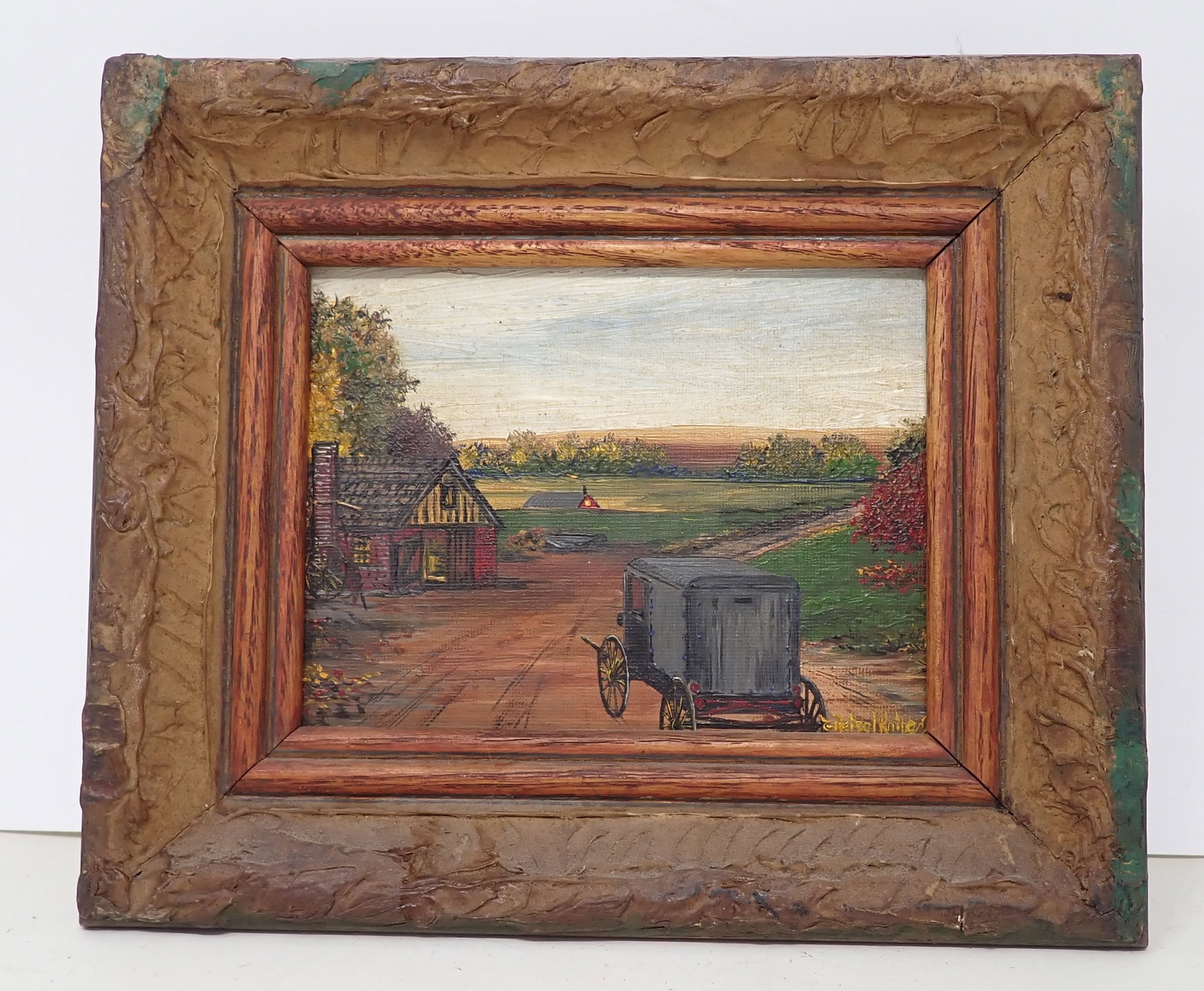1964 G. Beisel Knipe Amish Oil Painting: Oil on board painting is apprx 6 1/2" x 7 7/8". Shipping available