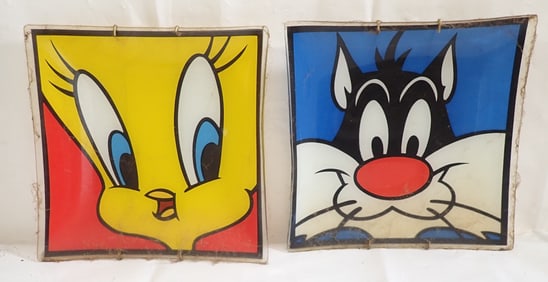 Sylvester & Tweety Bird Glass Wall Plaques
