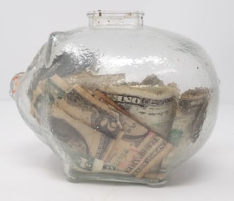 Piggy Bank w/ $1 $2 Bills and Coins