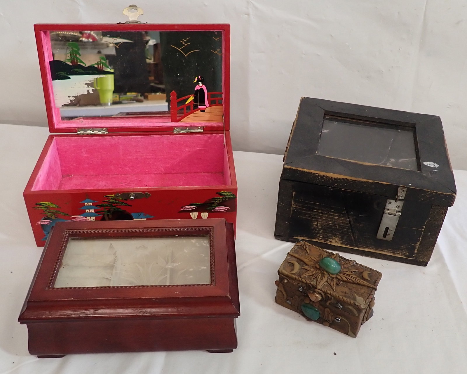 Jewelry Boxes: Back right one is approx 8" x 8 1/4" x 5" tall. Shipping available ($20 handling charge, plus postage)
