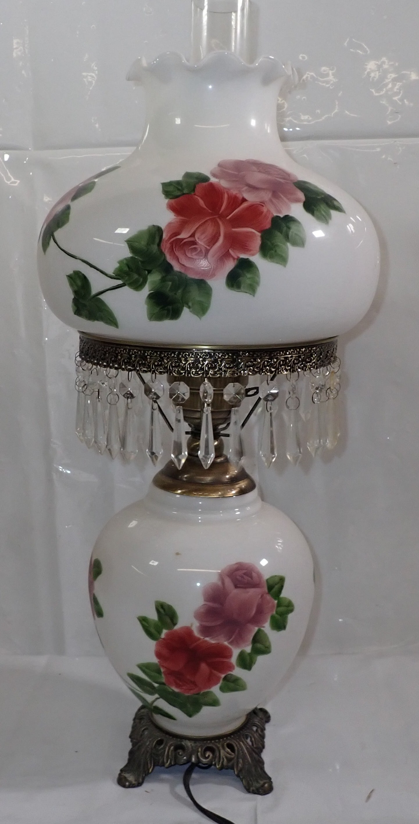 Hurricane Table Lamp w/ Hand Painted Flowers (1 of 3)