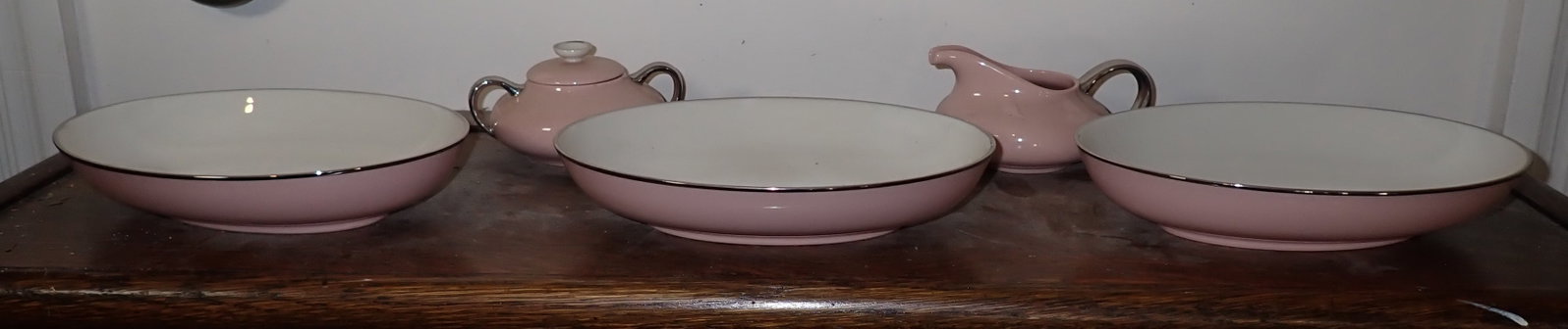Franciscan Magnolia China Creamer Sugar Serving Bowls: Bowls are apprx 6 3/4" x 8 7/8"x 1 3/4" tall. Shipping available ($20 handling charge, plus postage)
