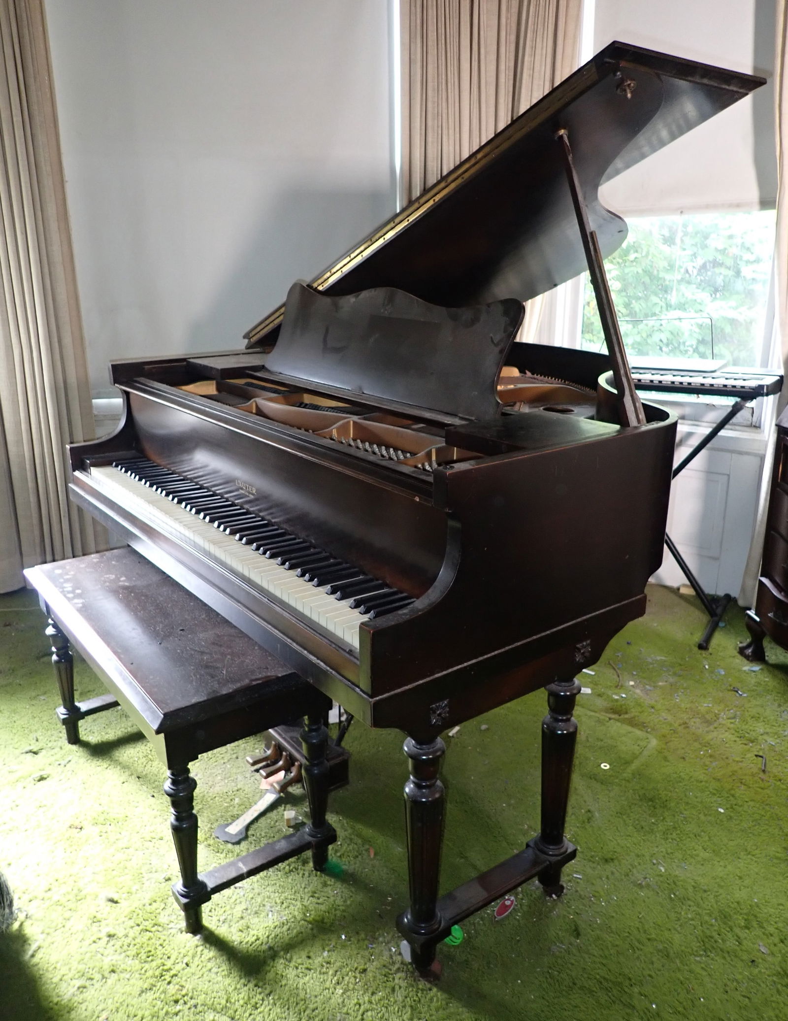 Lauter Piano & Bench: Piano is approx 56 1/2" x 55" x 39" tall. Bring proper help and equipment to remove. Must be carried down 4 steps. No in house shipping !