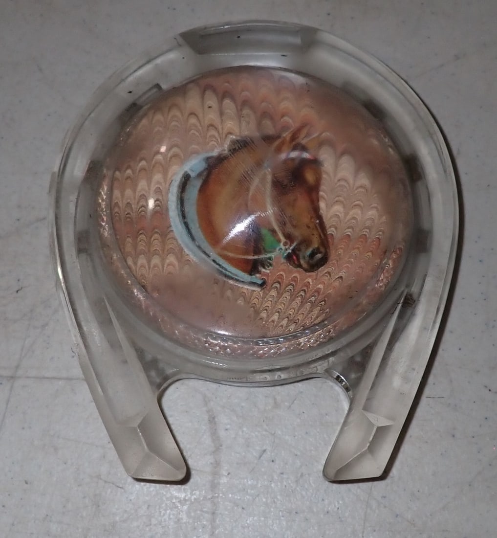 1899 Glass Horseshoe Paperweight: Apprx 4 1/2" x 5 3/8". Shipping available