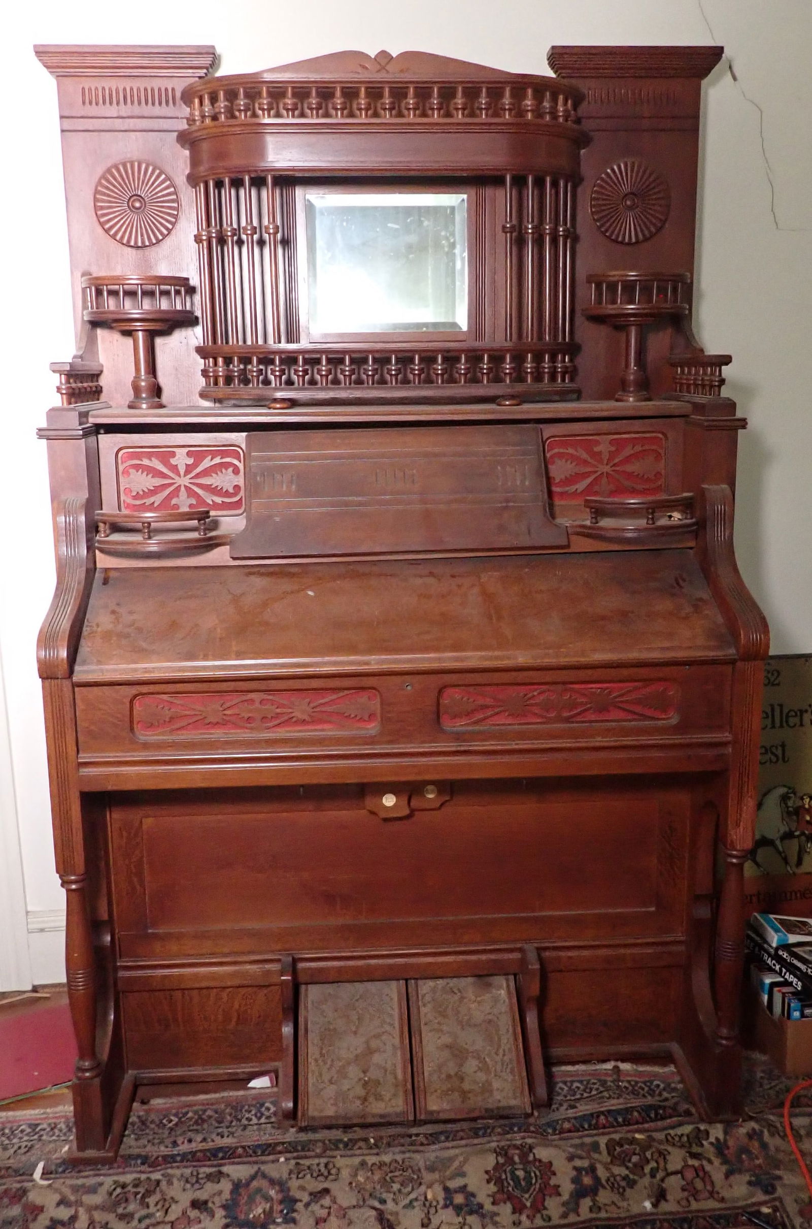 Estey Organ: Approx 22" x 43 1/2" x 71 5/8" tall. No in house shipping ! Bring proper help to remove from second floor ! Comes with 3 organ books