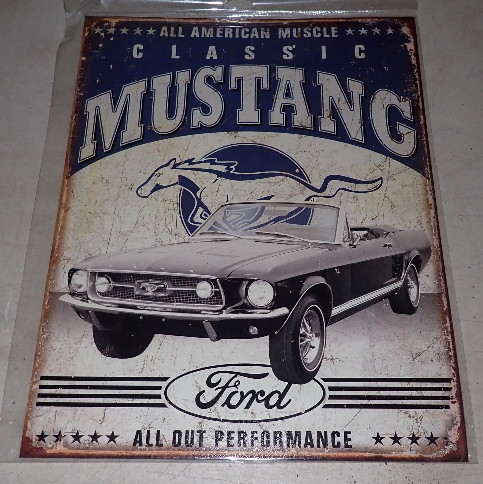 Tin Classic Ford Mustang Sign: Approx 12 1/2" x 16". Shipping available