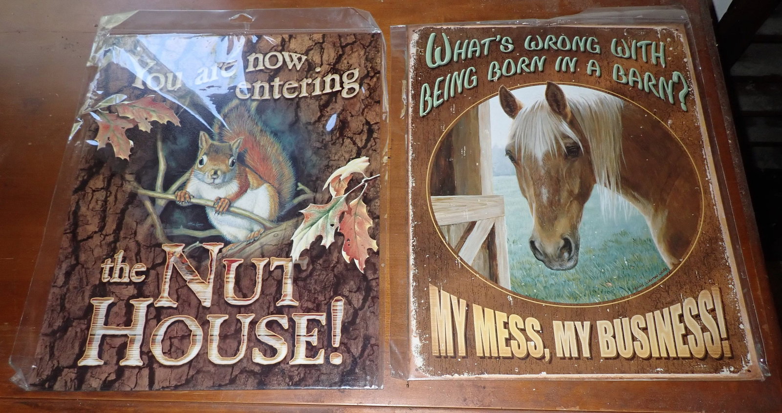 Squirrel & Horse Tin Signs: Apprx 13 1/4" x 16". Shipping available