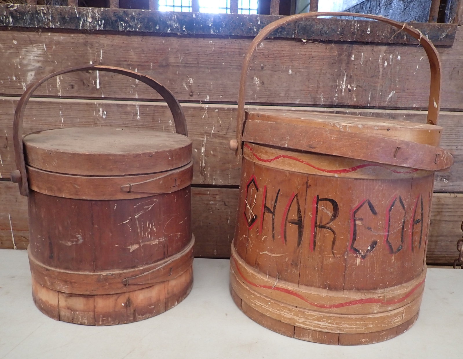 Firkin and Wooden Charcoal Bucket: Largest is apprx 12 3/4" in diameter and 11 3/4" tall. No in house shipping