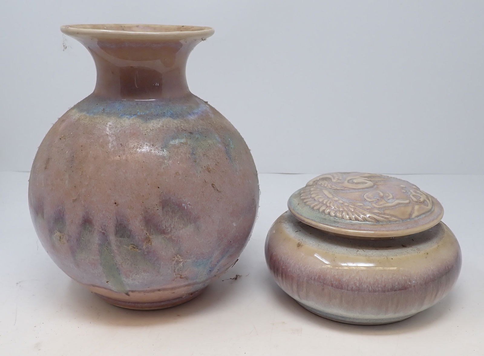 Chinese Porcelain Vessel & Lidded Jar w/ Stork: Vessel is approx 6 1/2" in diameter and 8" tall. Shipping available