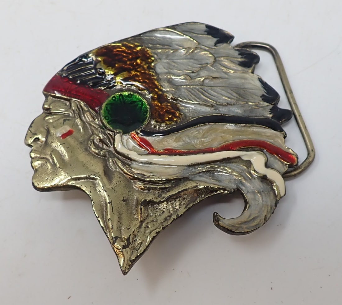 1976 Indian Chief Brass Belt Buckle: Approx 2 7/8" x 3 3/8". Shipping available