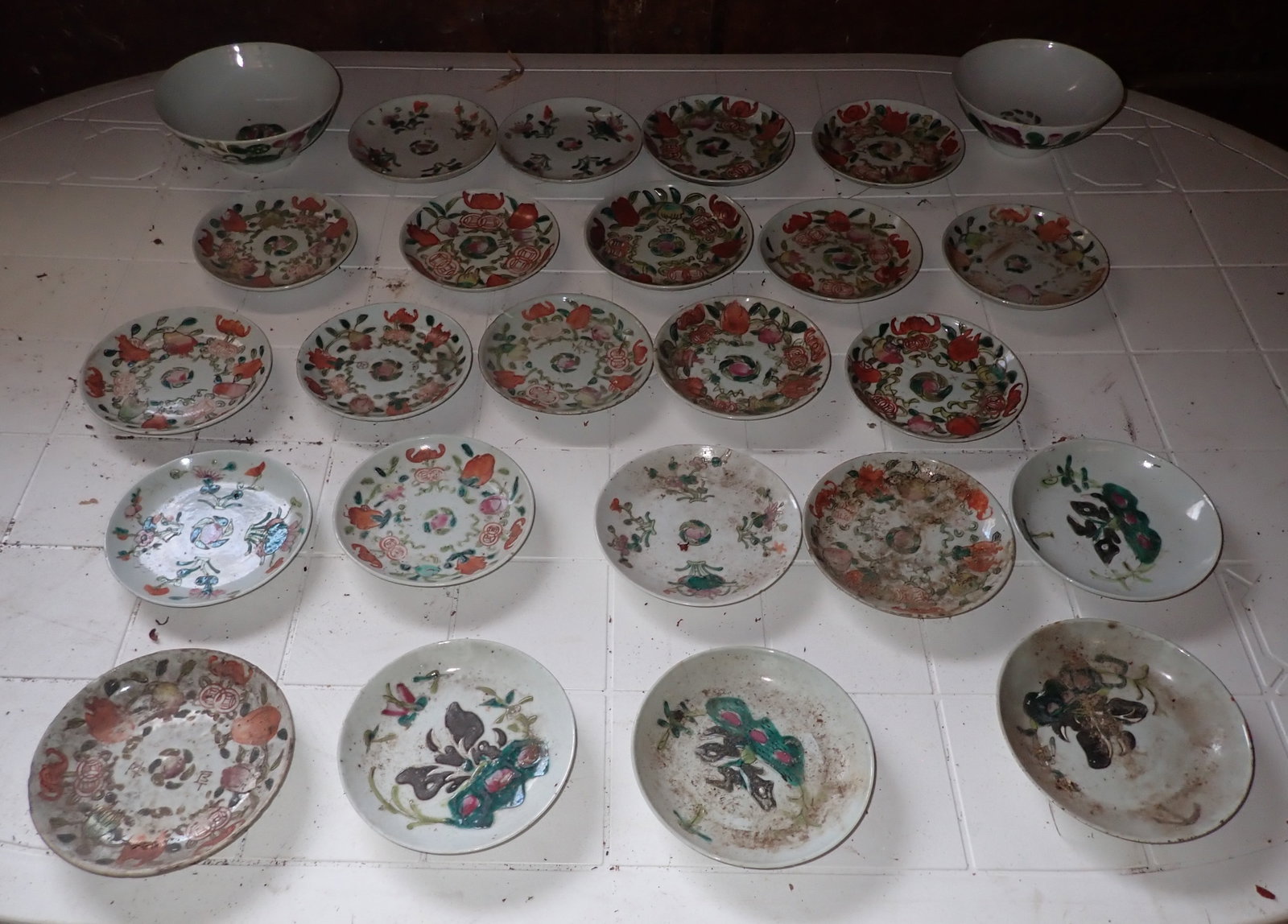 Chinese Porcelain Plates & Bowls: Plates are approx 5 1/2" in diameter. Back, left bowl is approx 6 3/8" in diameter and 2 1/2" tall. Shipping available ($20 handling charge, plus postage).