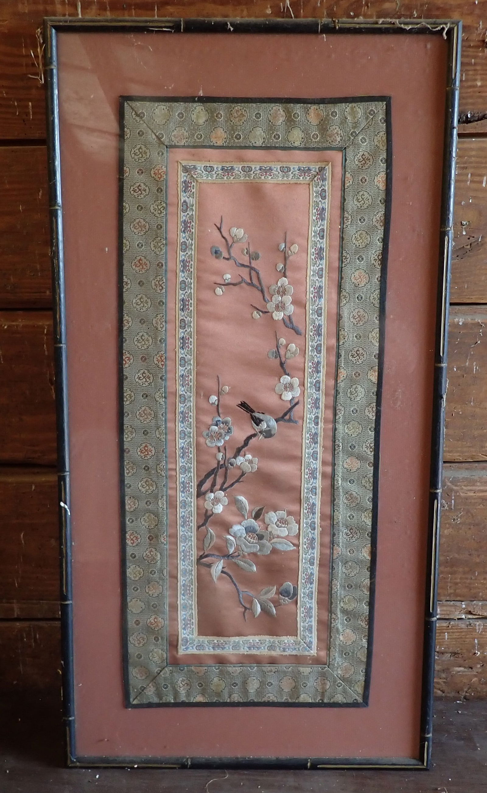 Framed Embroidered Chinese Silk: Approx 14 3/4" x 28 1/2". Shipping available ($30 handling charge, plus postage)