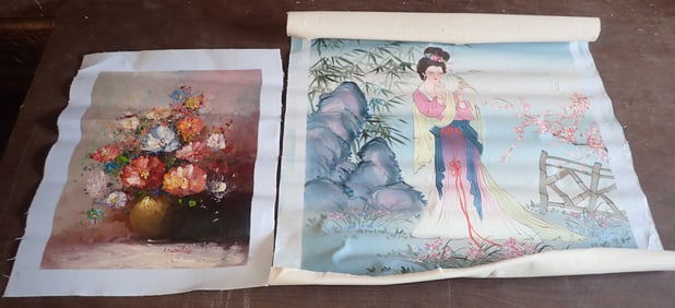 Chinese Figural & Signed Still Life Painting on Canvas