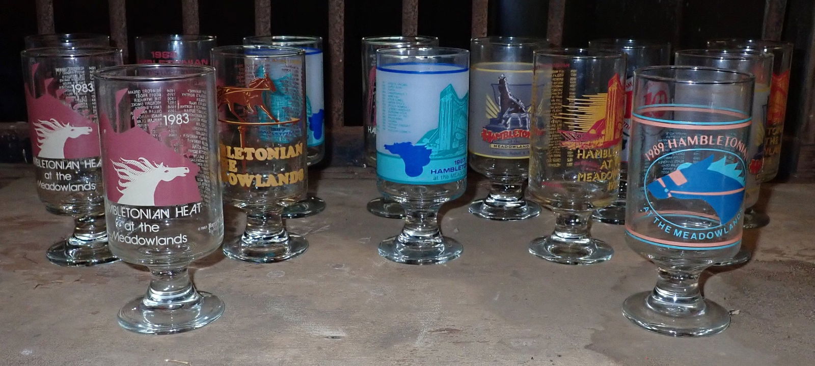 Meadowlands Hambletonian Drinking Glasses: Approx 2 1/2" in diameter and 5 3/4" tall. Shipping available ($20 handling charge, plus postage)