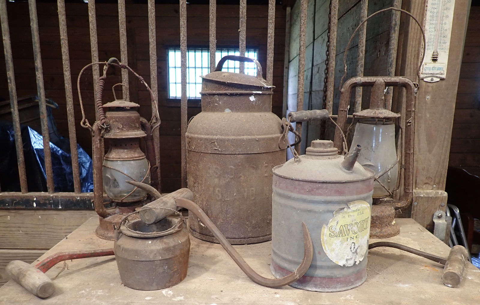 Cream Can, Fuel Can, Lead Pot, Lanterns, & Hay Hooks: Cream can is apprx 15" tall. No in house shipping !