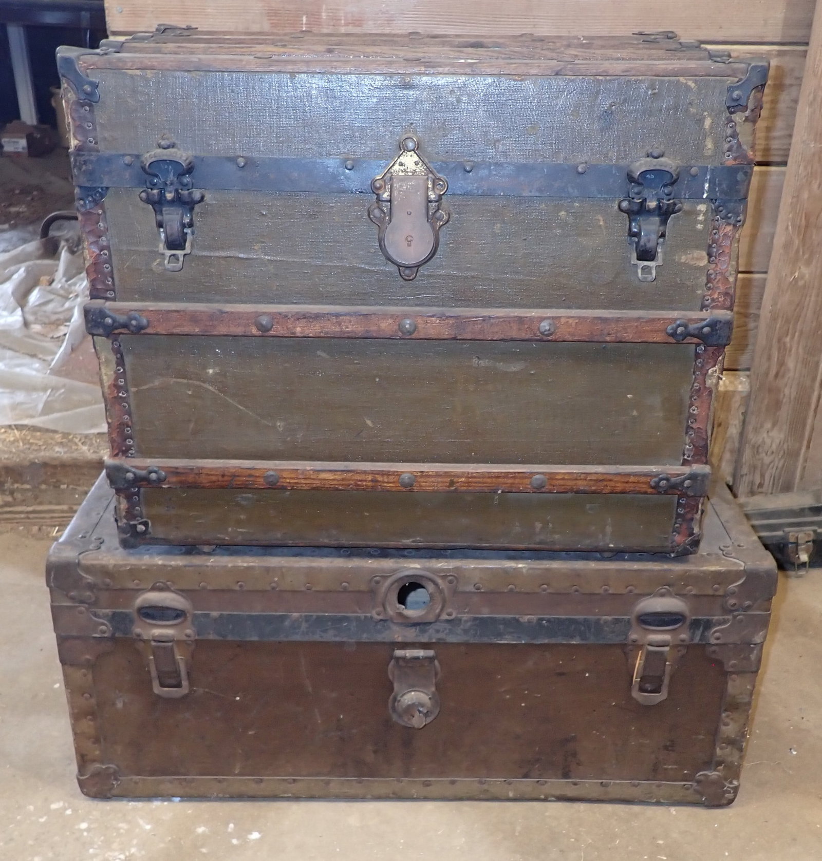 2 Trunks: Top one is approx 16" x 24 1/2" x 20 1/8" tall. No in house shipping !