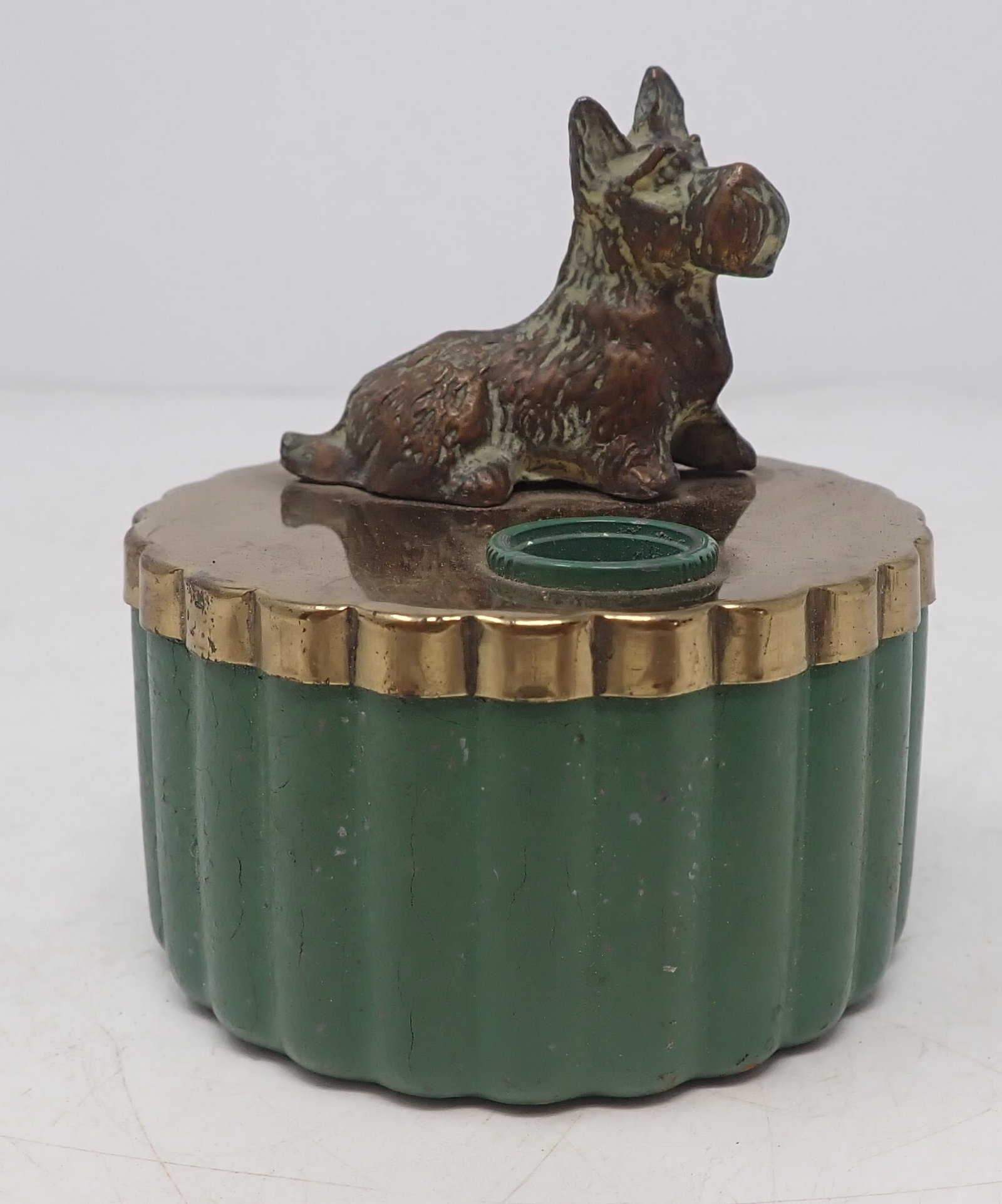 Brass Scotty Dog Pencil Sharpener: Approx 2 3/4" in diameter and 3 1/8" tall. Scotty dog is brass. Container is aluminum. Shipping available