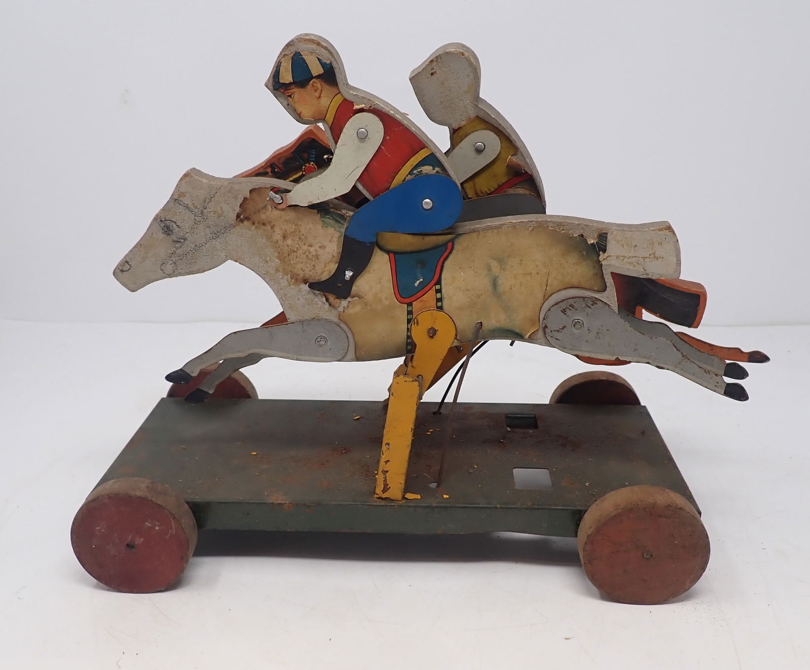 Wood & Tin Horse Racing Pull Toy: Approx 5 1/4" x 10" x 8 3/4" tall. Shipping available