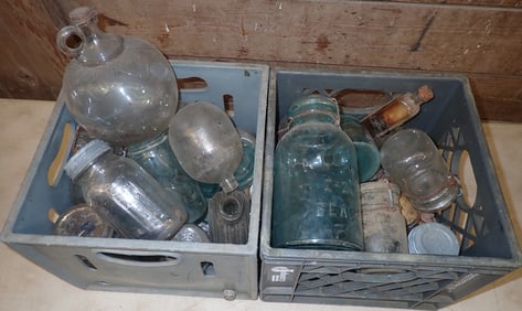 2 Milk Crates of Bottles & Canning Jars