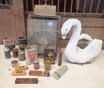 Concrete Swan , Lantern , & Advertising Tins
