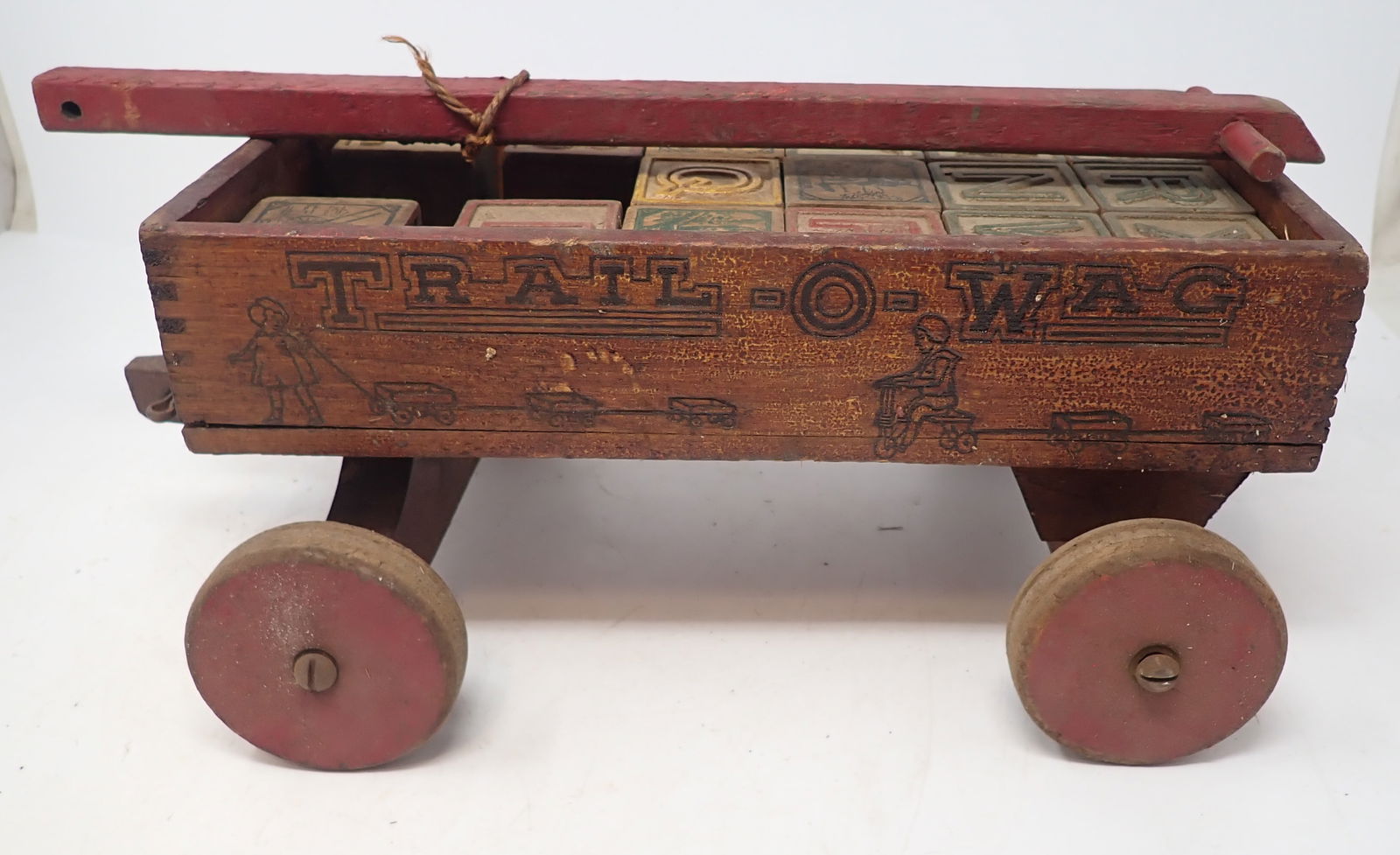 Playthings Trail-O-Wag Wagon & Wooden Blocks: Wagon is apprx 7 3/4" x 14" x 5 3/4" tall. Handle is held on by a cotter pin. Shipping available
