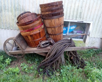 Wooden Wheel Barrow, Fruit Baskets, Rope, & Pulley