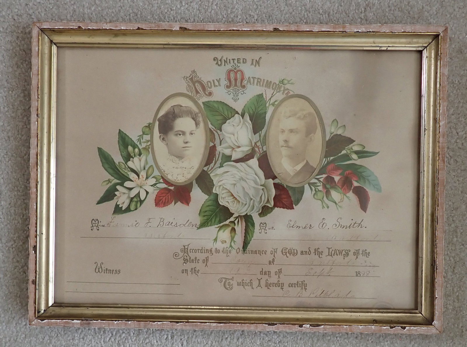 1888 Baisden & Smith Connecticut Marriage Certificate: Marriage Certificate - Approx 11 1/4" x 15 1/4" . Shipping available