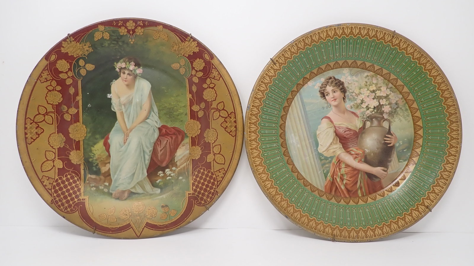 Tin Litho Royal Saxony Chas Shonk Plates: Left one is marked and right one is not. Both approx 10 1/8" in diameter. Shipping available
