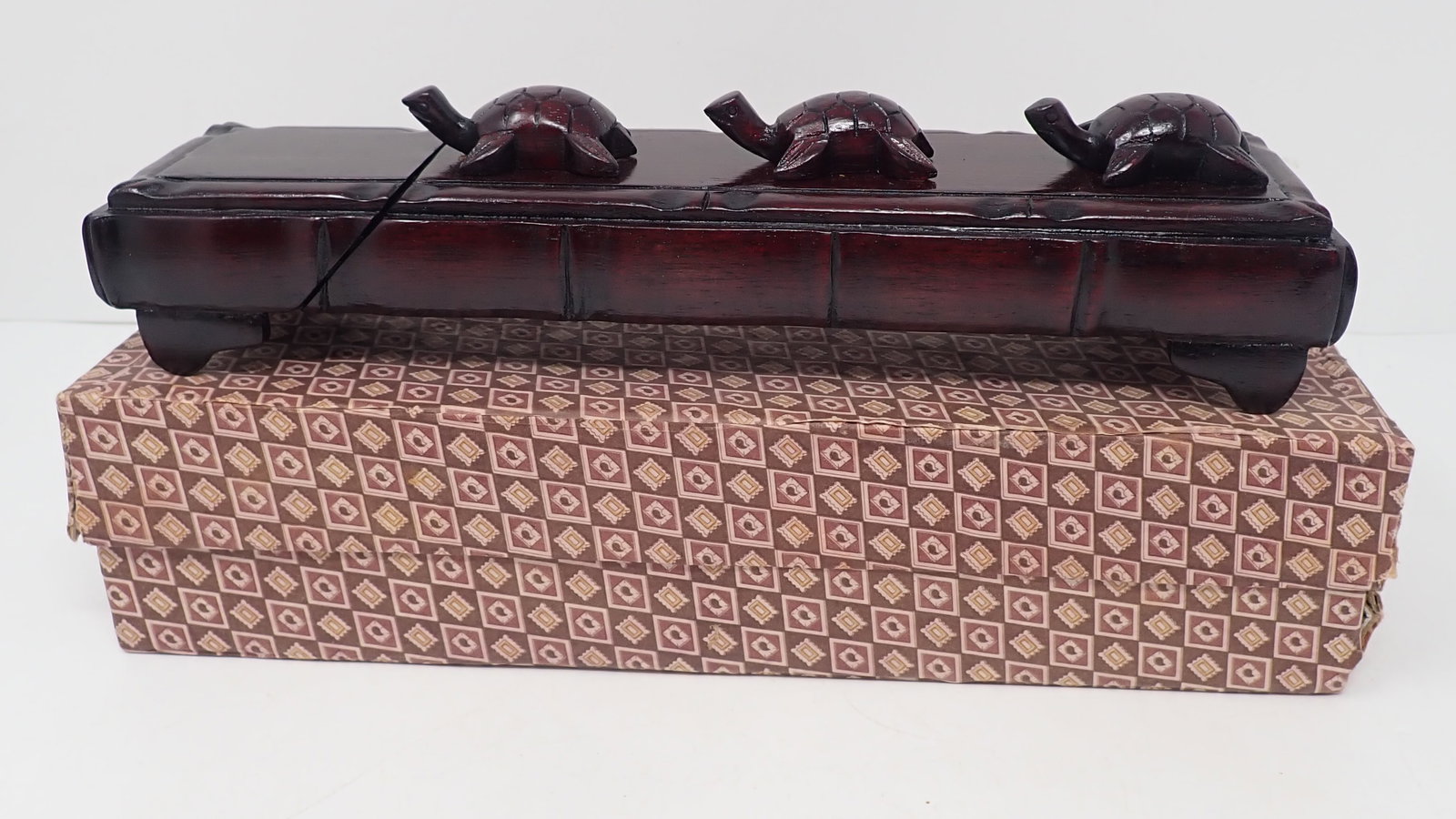 Chinese Wooden Chopsticks Box w/ Turtles: Approx 2 3/4" x 10 1/2" x 2 1/2" tall. Shipping available