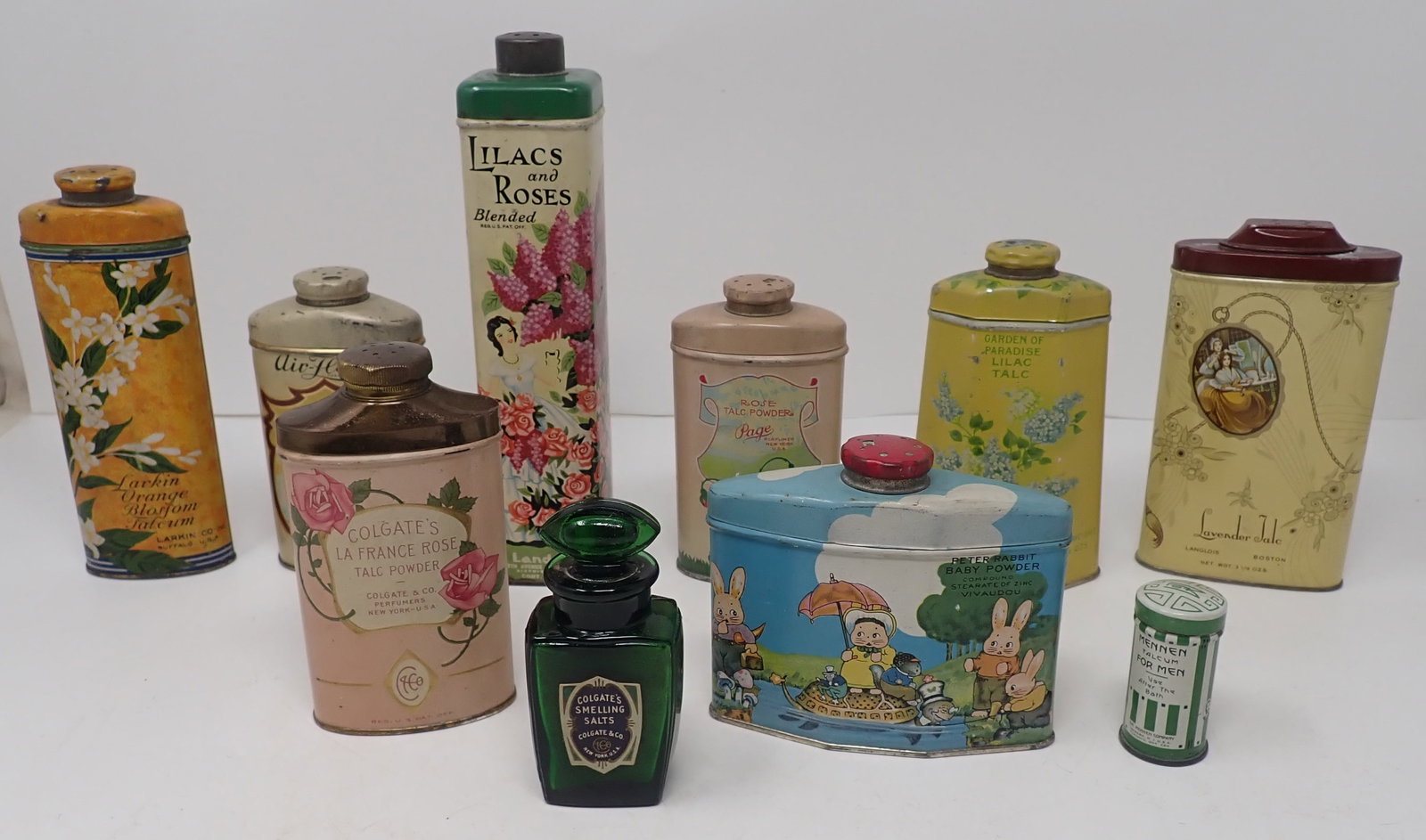 Talc & Baby Powder Tins & Colgate Smelling Salt Bottle: Tallest is apprx 8" tall. A lot are full. Shipping available