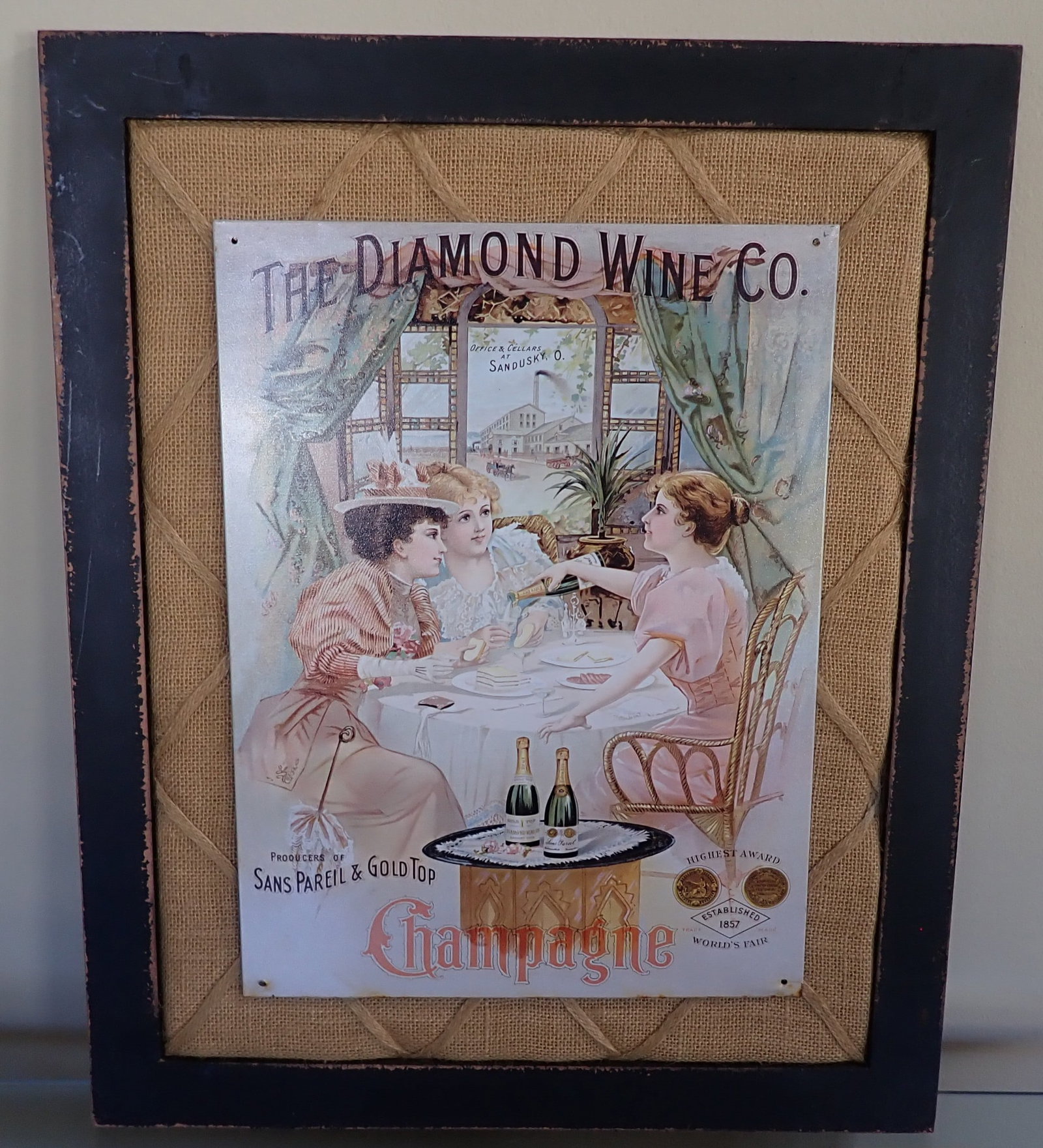 Diamond Wine Co . Tin Champagne Sign: Framed repro tin sign is approx 18 1/2" x 22 1/2". Shipping available ($20 handling charge, plus postage)