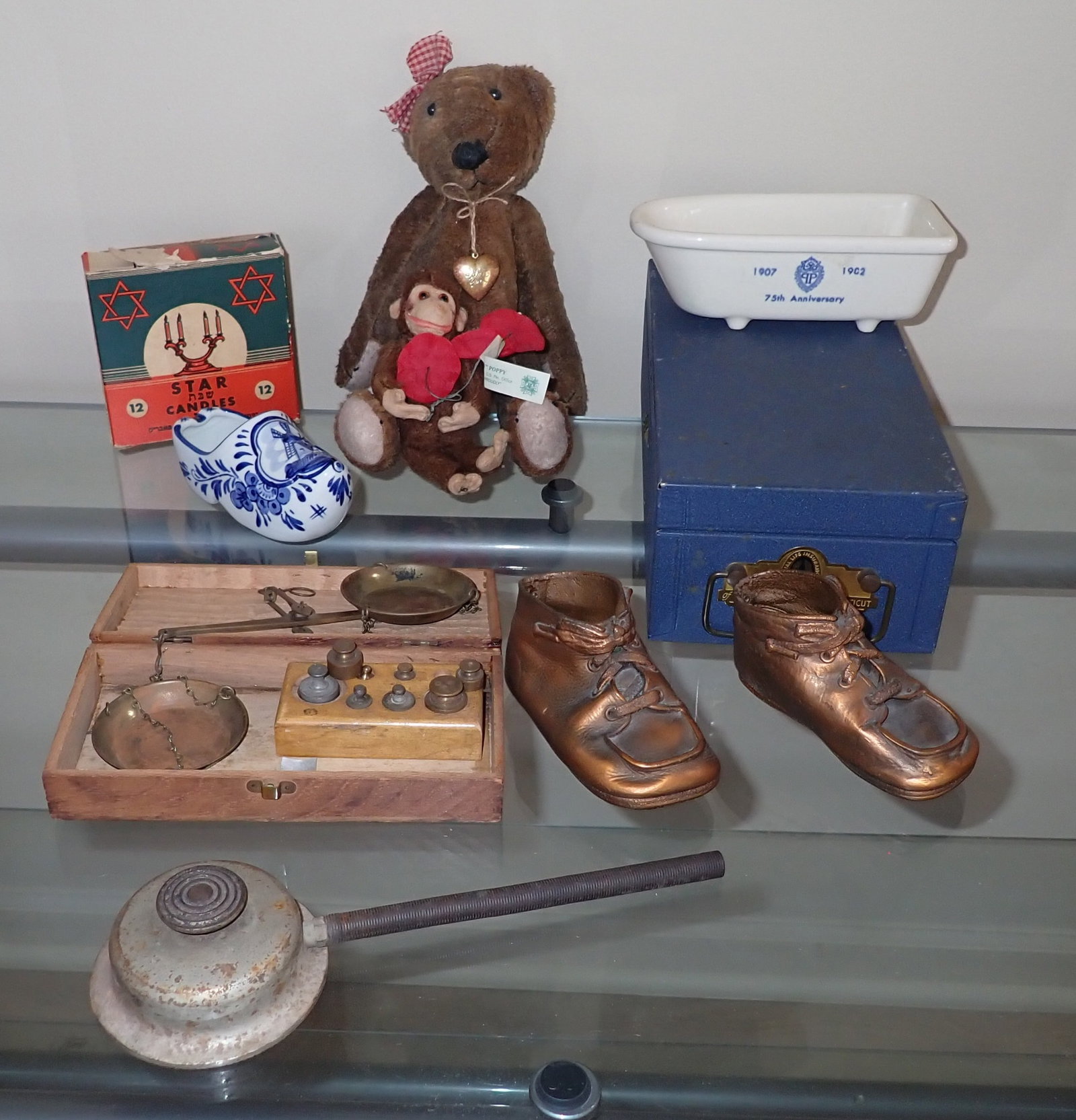 Brass Scale, Tender Heart Teddy Bear & Misc: Bear is approx 12". Scale is not complete. Shipping available