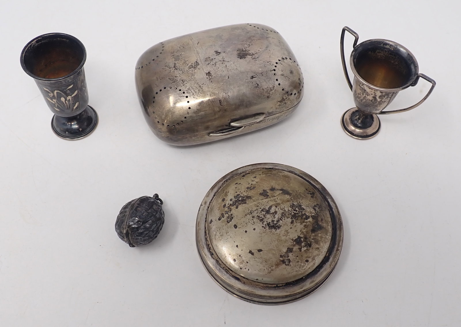 Soap Case , Nut Pendant , & Misc: Soap case is approx 2 3/4" x 3 1/2" x 1 5/8". Total weight of all is approx 235 grams. This is not marked , not tested , not said to be Silver. Sold as pictured.