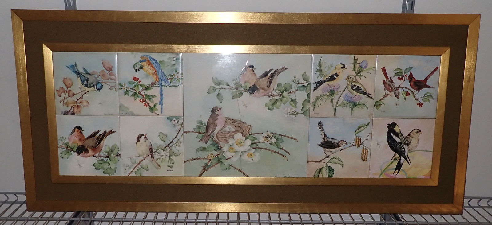 1950's B. Lubin Signed Bird Tiles: Framed tiles - Apprx 19 1/4" x 43". There are (8) 6" x 6" tiles on each side of a 12" x 12" tile. No in house shipping !