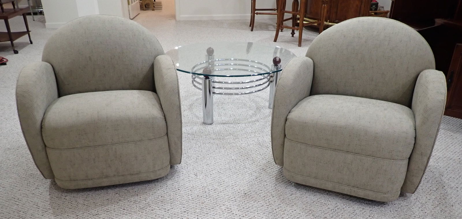 2 Swivel Chairs: Approx 29 1/2" wide, 18" to seat, 20" deep, and 30 1/4" tall. Does not include any other items in photo. No in house shipping ! Bring proper help to remove!