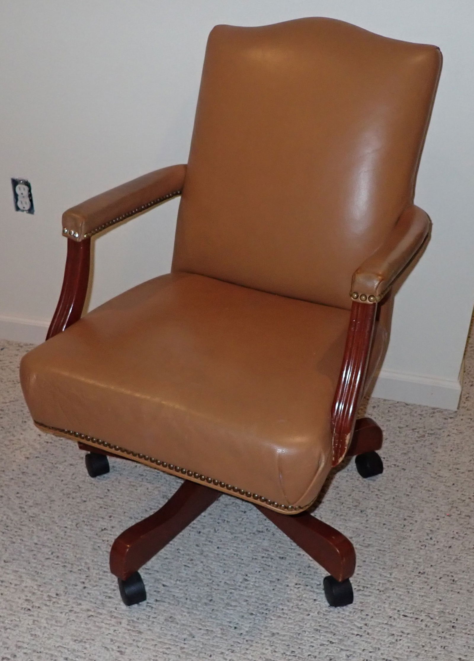 Ethan Allen Leather Desk Chair: Apprx 24" wide, 18 1/2" to seat, 18 1/4" deep, and 36 1/2" tall. No in house shipping ! Buyer must bring help to carry from basement