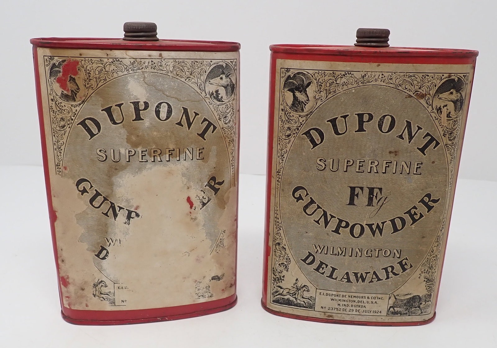 2 Dupont Gun Powder Tins Superfine: Approx 1 1/2" x 4" x 6 1/2" tall. Shipping available