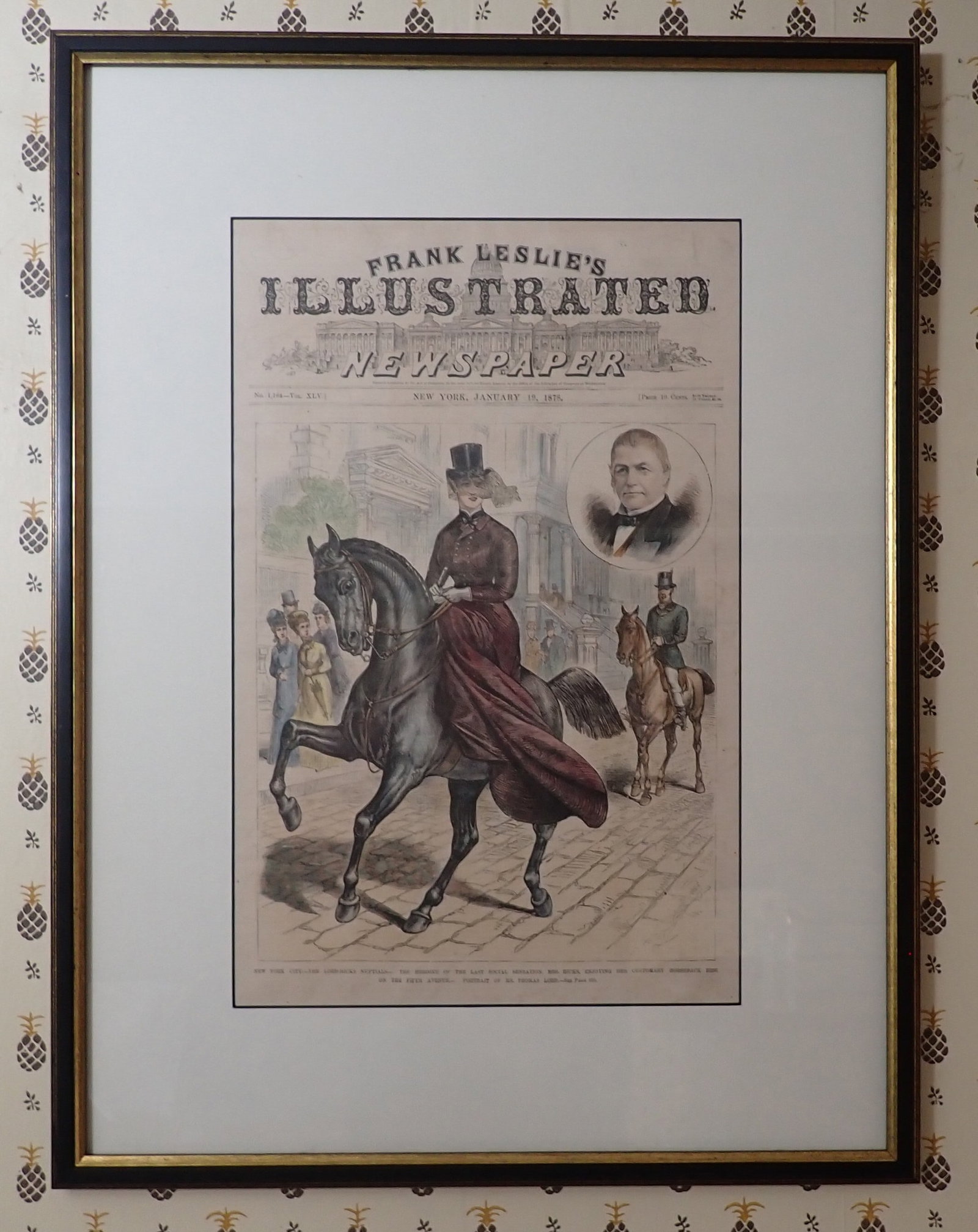 1878 Frank Leslies Framed Newspaper: Approx 17 1/8" x 22 1/2". No in house shipping !