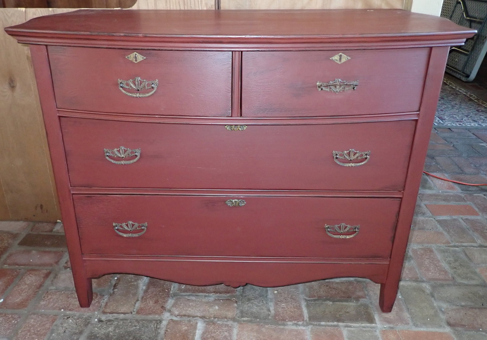 Oak Dresser in Red Paint: Approx 22 7/8" x 44 1/8" x 33 1/4" tall. No in house shipping ! Bring help to remove !
