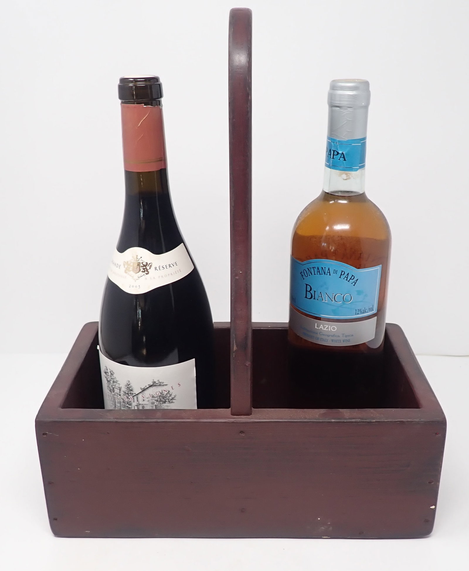 Wine Carrier in Red Paint: Apprx 6 1/8" x 10 3/4" x 14" tall. Wine NOT included. Shipping available