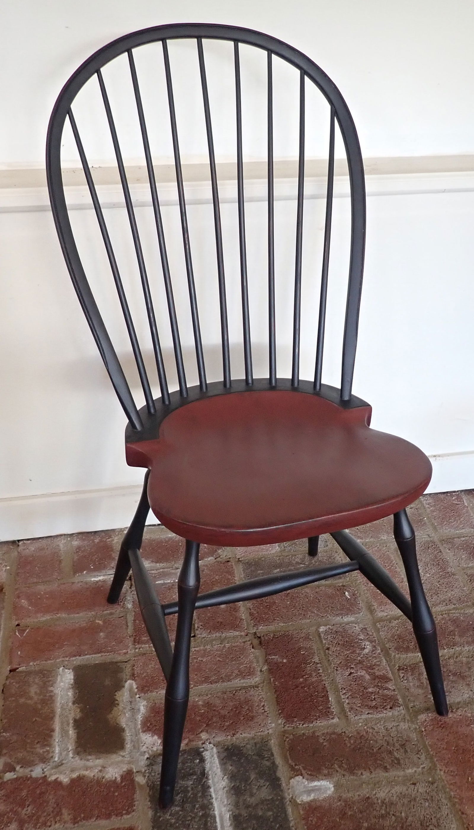 Windsor Chair in Black & Red Paint: Approx 16" wide, 18" to seat, 15 1/2" deep, and 38 3/4" tall. No in house shipping !
