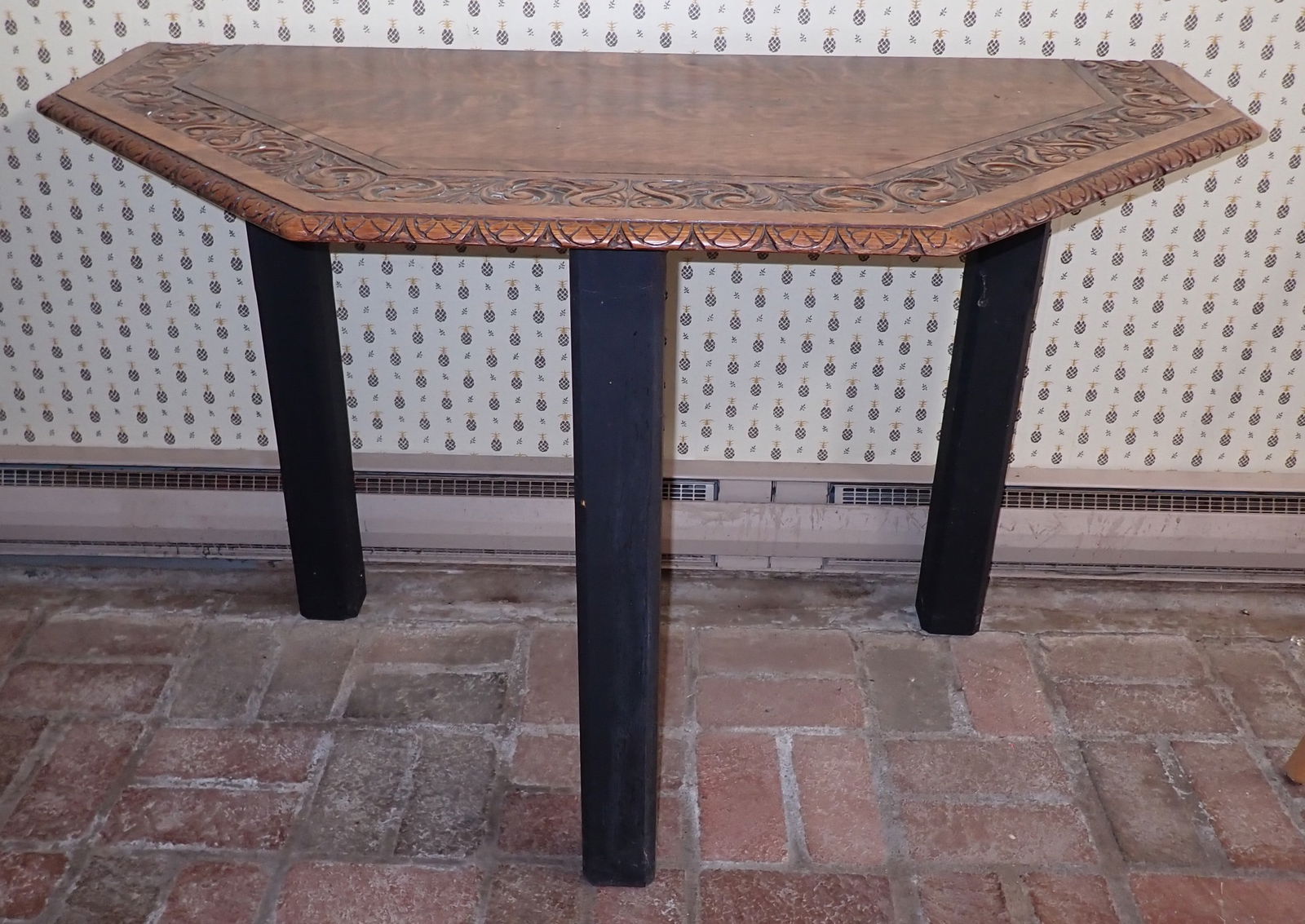 Carved Top Console Table w/ Black Legs (1 of 3)