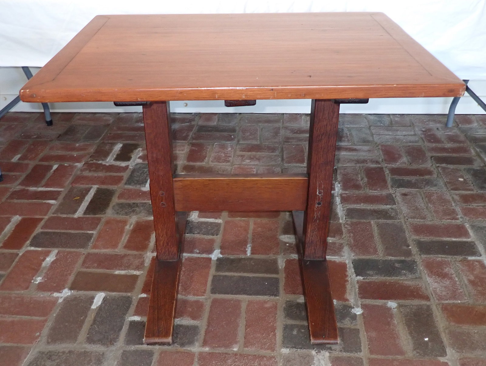 Trestle Table w/ Mission Oak Base: Approx 26" x 34" x 28 1/4" tall. No in house shipping !