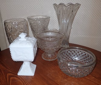 Crystal Vases, Milk Glass Candy Dish , Misc Glassware